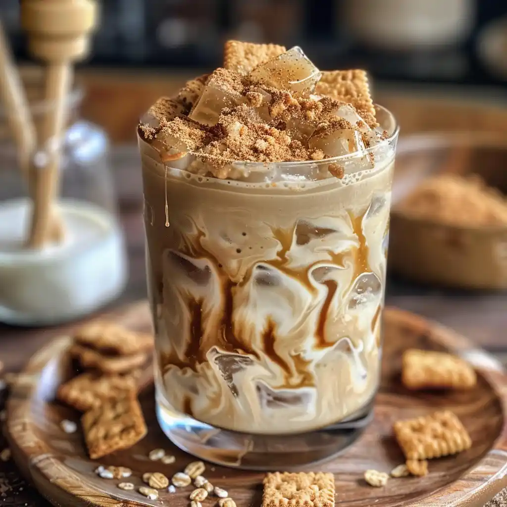 Iced Teddy Graham Latte in a clear glass with visible milk-espresso swirls, honey drizzle, and cinnamon sprinkle