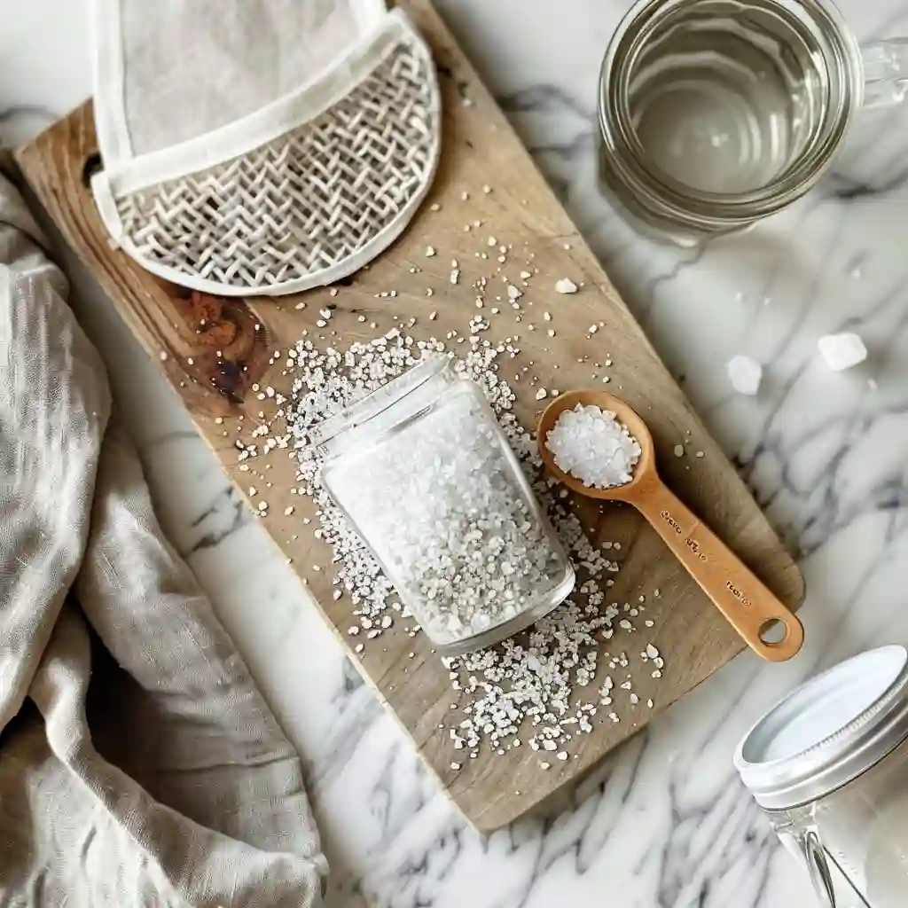 Ingredient flat lay—grey Celtic sea salt, bedside jar, 1/8 tsp measure, water glass, folded sleep mask on a wooden surface