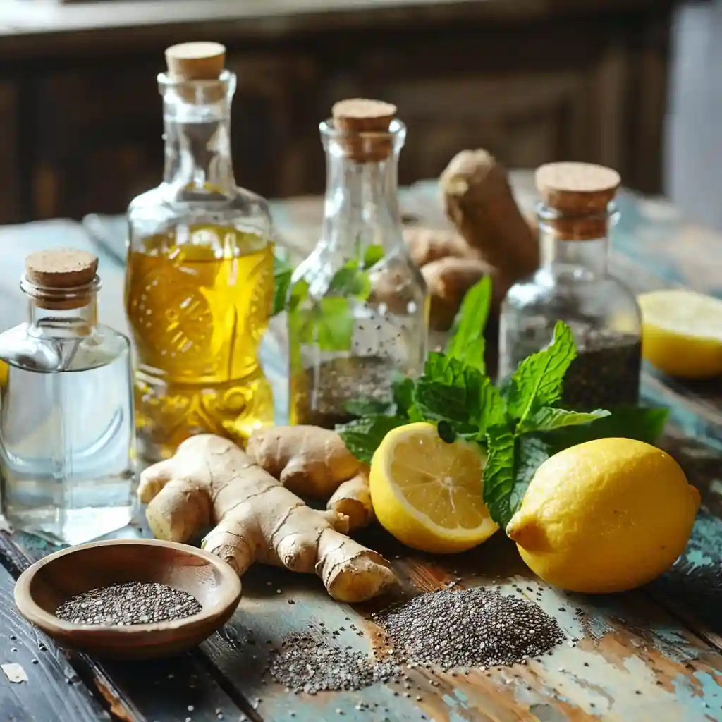 Ingredients for a Balanced Belly Drink arranged on a table for MOUNJAX