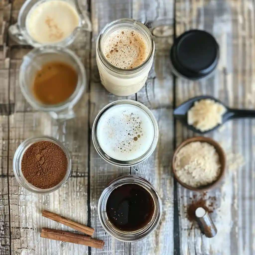 Ingredients for a Fluffy Seagull Latte: espresso, frothy milk, syrup, cinnamon, and frother on a rustic counter
