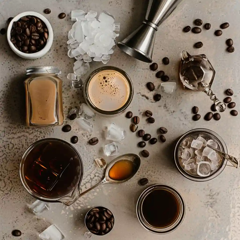 Ingredients for a virgin espresso martini laid out: fresh espresso, cold brew concentrate, vanilla syrup or maple, aquafaba, ice, coffee beans