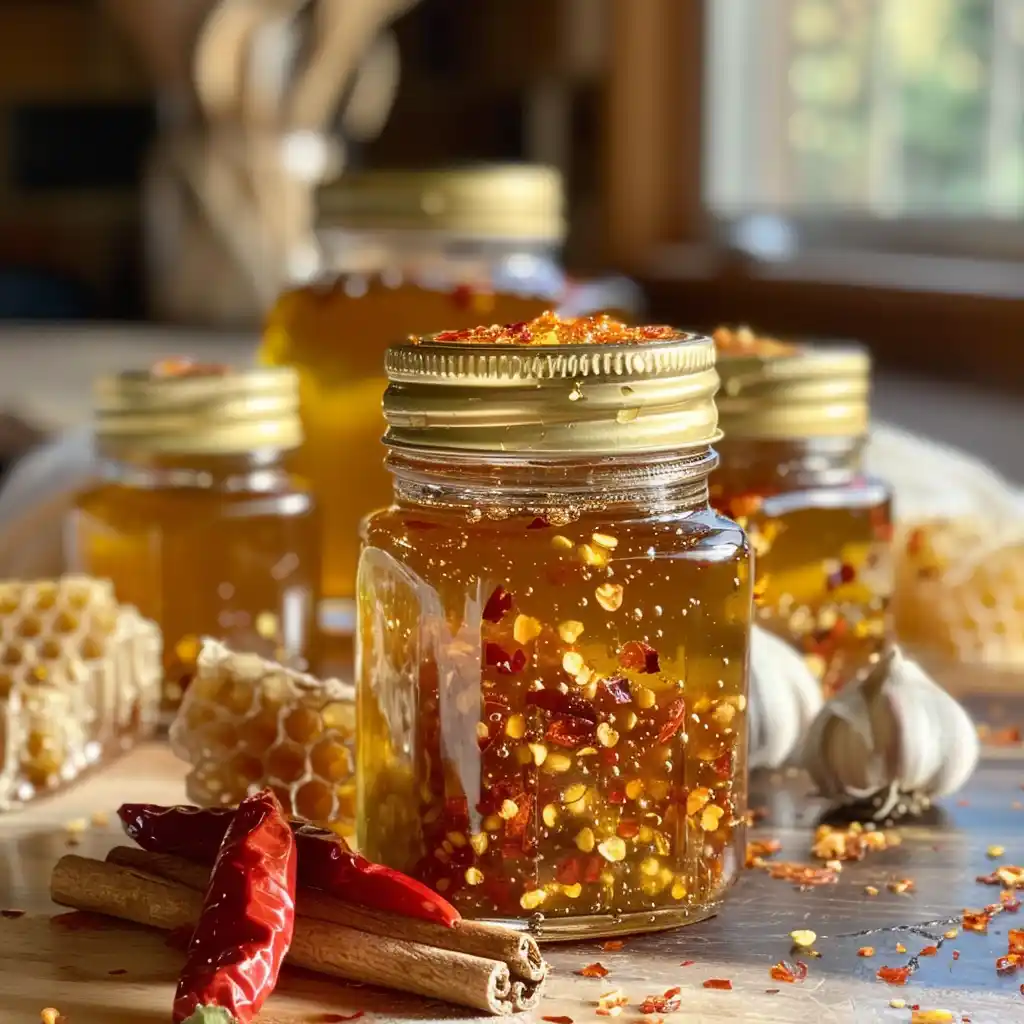 Ingredients for homemade hot honey recipe including raw honey, chili flakes, garlic, and lemon zest