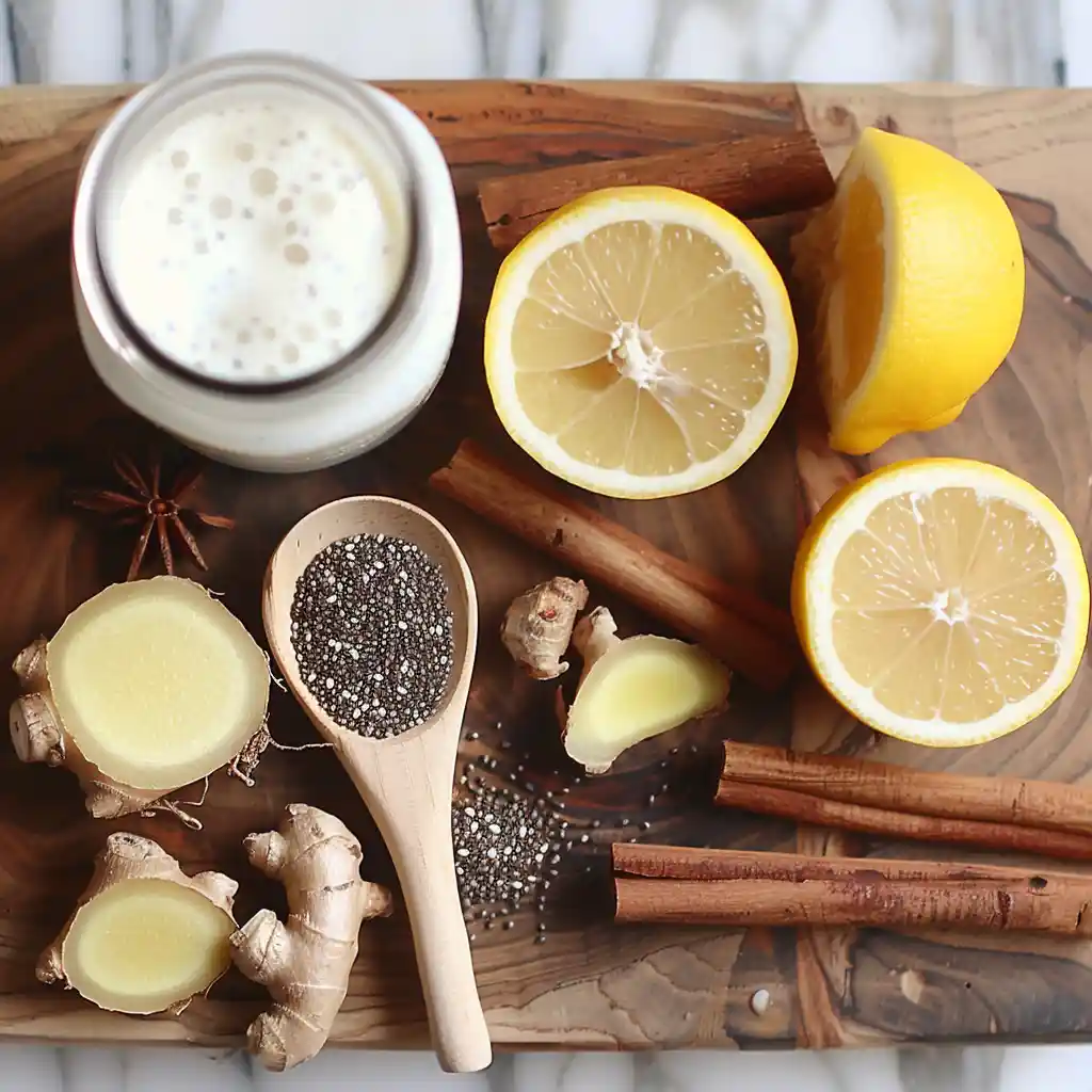 Ingredients for homemade kefir weight loss drink on a wooden board