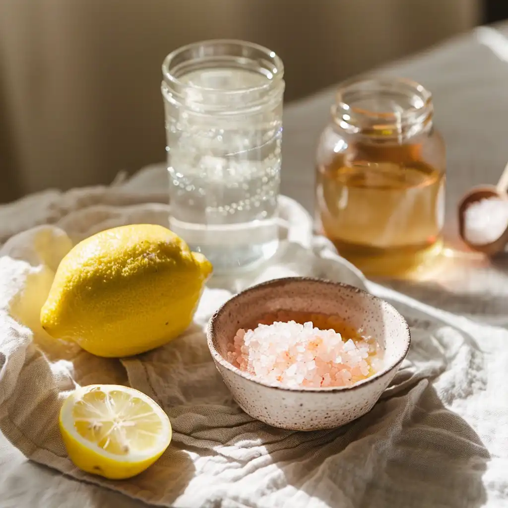 japanese pink salt recipe_Ingredients for Japanese pink salt drink – pink Himalayan salt, lemon, honey, and water 