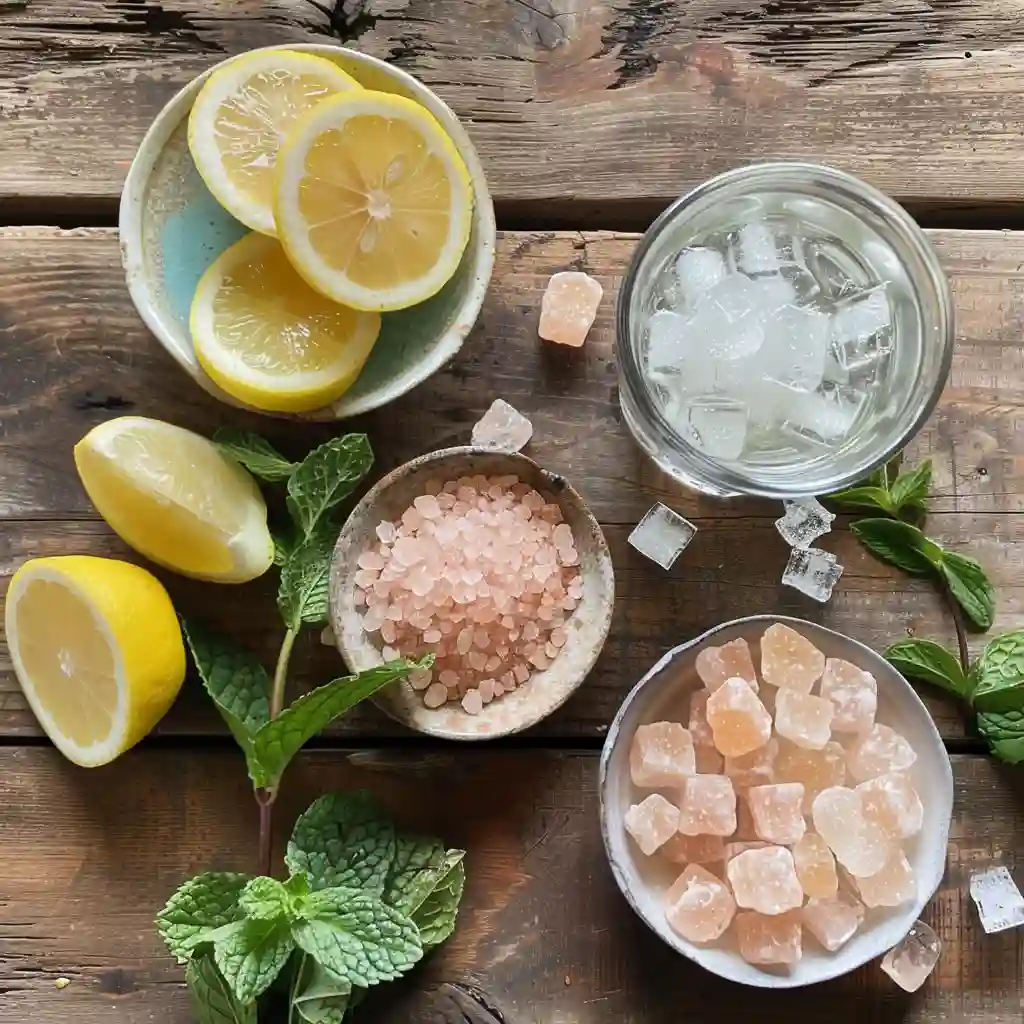 Ingredients for Japanese pink salt and ice detox laid out on a wooden table