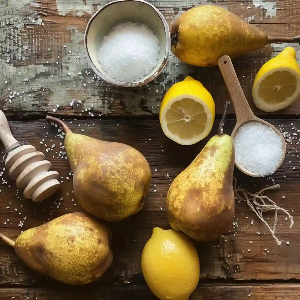 pear jelly recipe_Ingredients for pear jelly including pears, sugar, lemon juice, and pectin laid out on wooden surface
