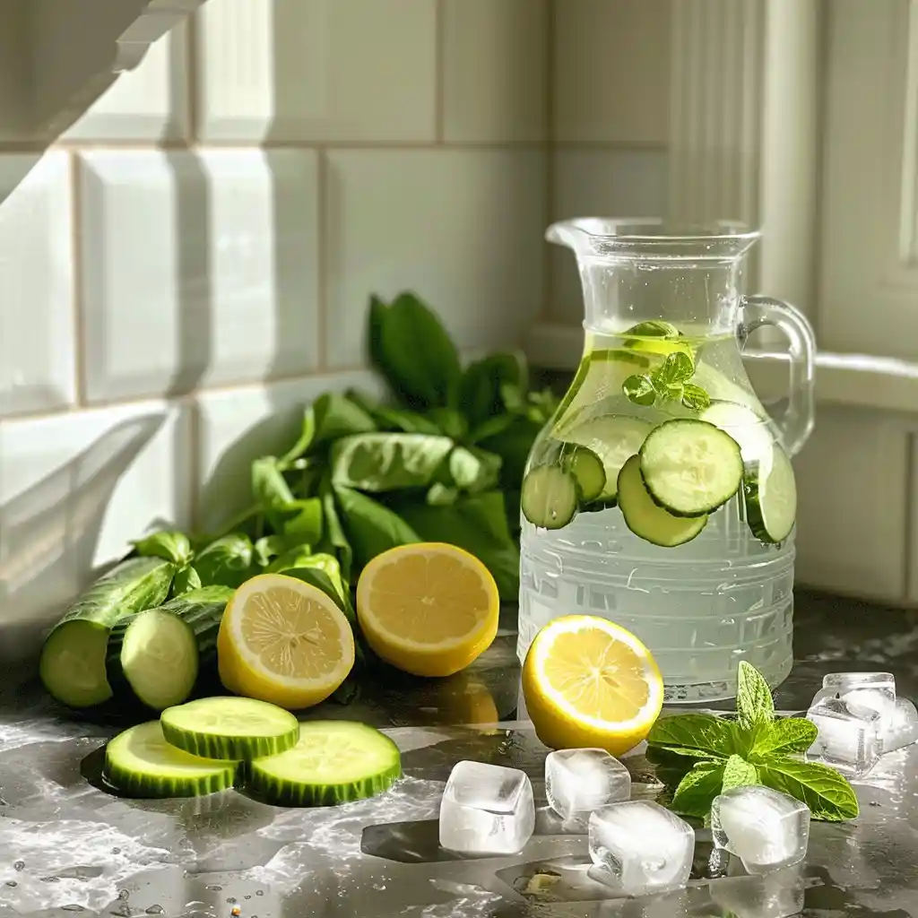 Ingredients for the 7 second ice water hack – lemon, cucumber, mint, and ice cubes on a kitchen counter