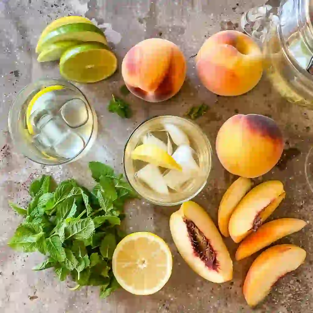 Ingredients for white peach sangria laid out on a kitchen counter