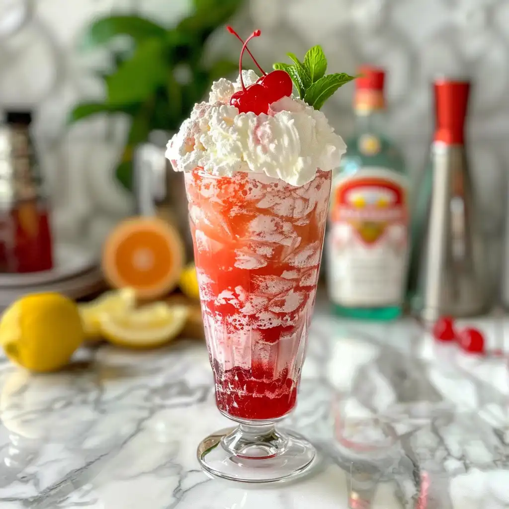 Italian soda featured glass with raspberry syrup, sparkling fizz, and creamy swirl topped with whipped cream, cherry, and mint