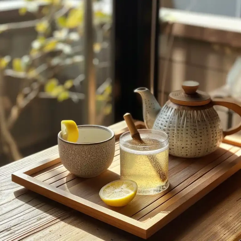 Japanese Mounjaro drink served on a wooden tray with a lemon wedge and bamboo whisk
