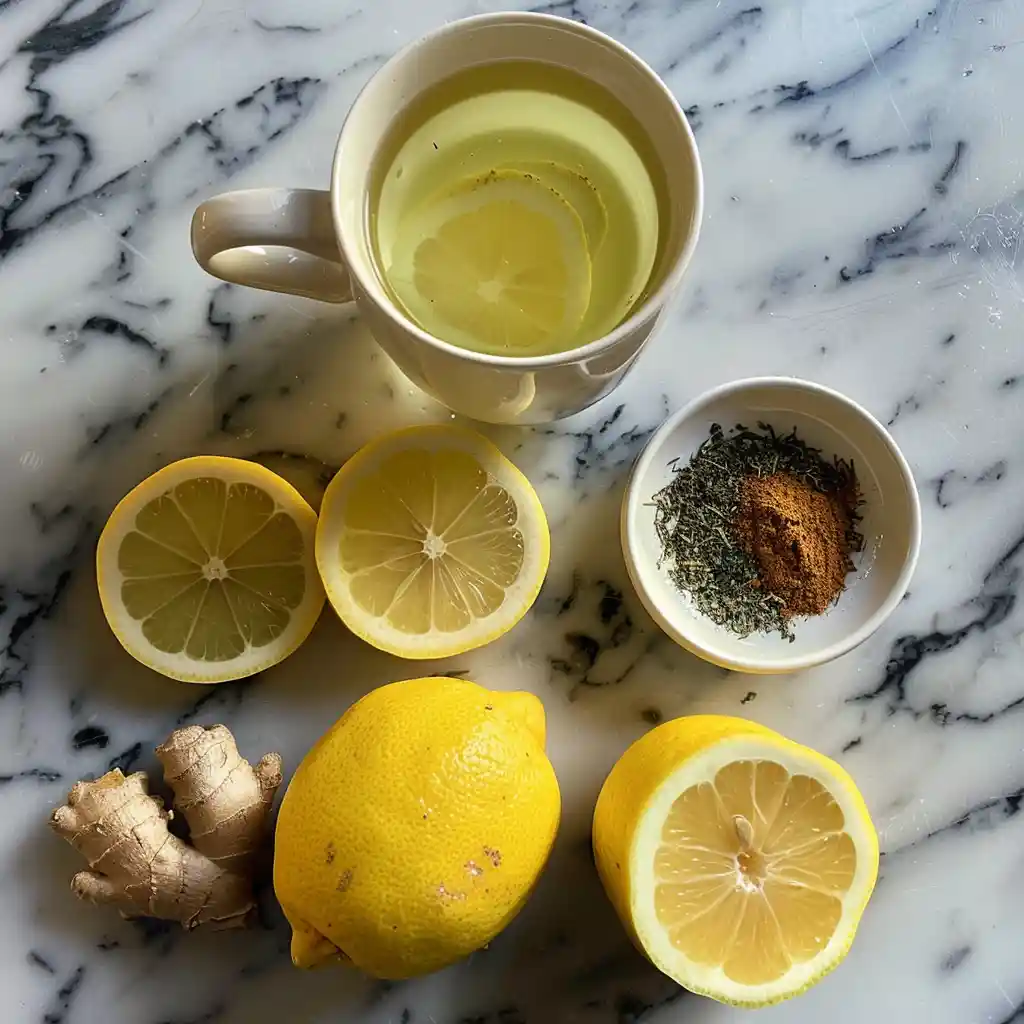 Japanese Mounjaro ingredients arranged on a counter – lemon, matcha, yuzu, ginger, and cayenne