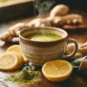 Japanese Mounjaro wellness drink in a ceramic cup with lemon, matcha, and ginger on a wooden table