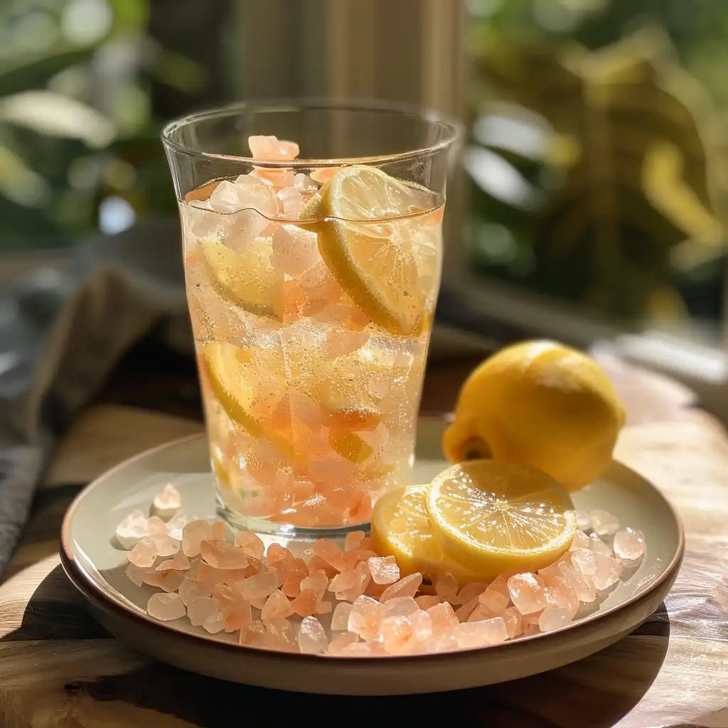 Japanese pink salt and ice detox drink in a clear glass with lemon and mint