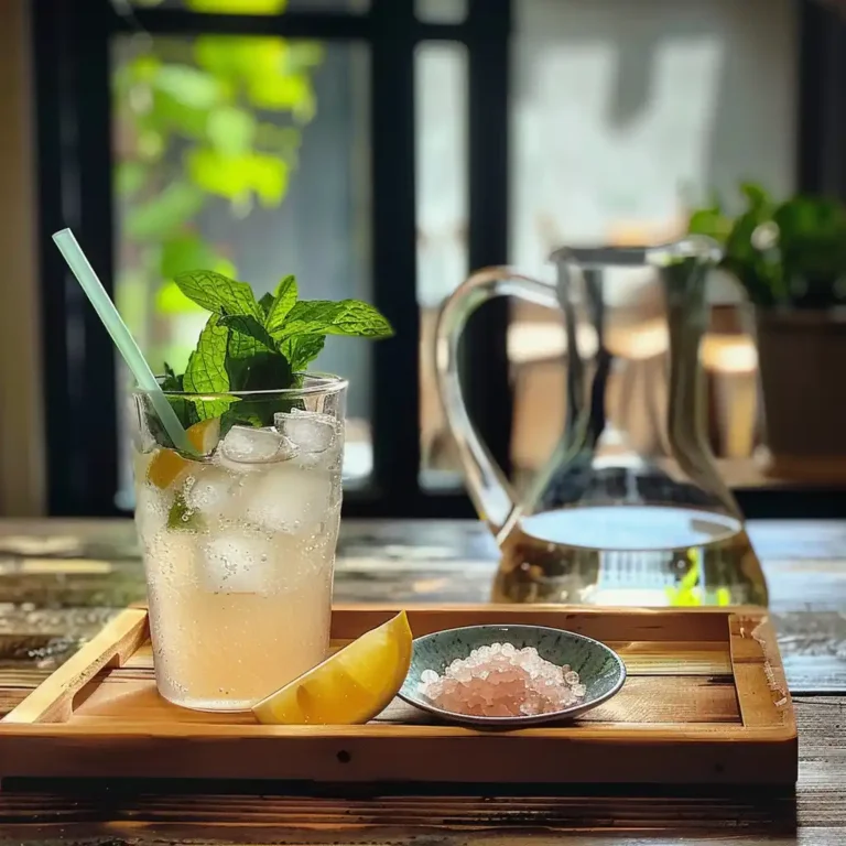 Japanese pink salt detox drink served on a tray with lemon and mint garnish