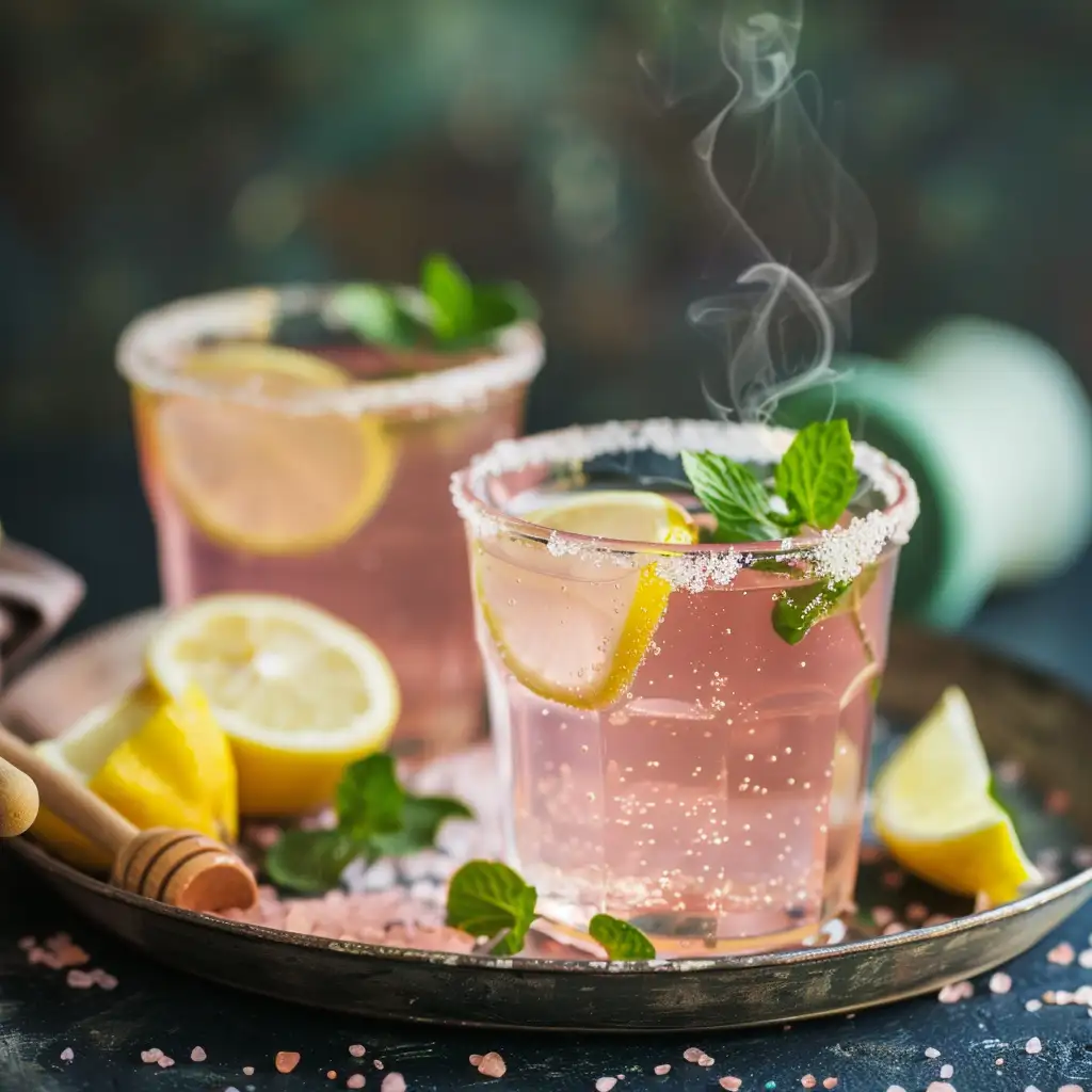Japanese pink salt drink in glass with lemon and pink Himalayan salt – minimalist morning wellness ritual