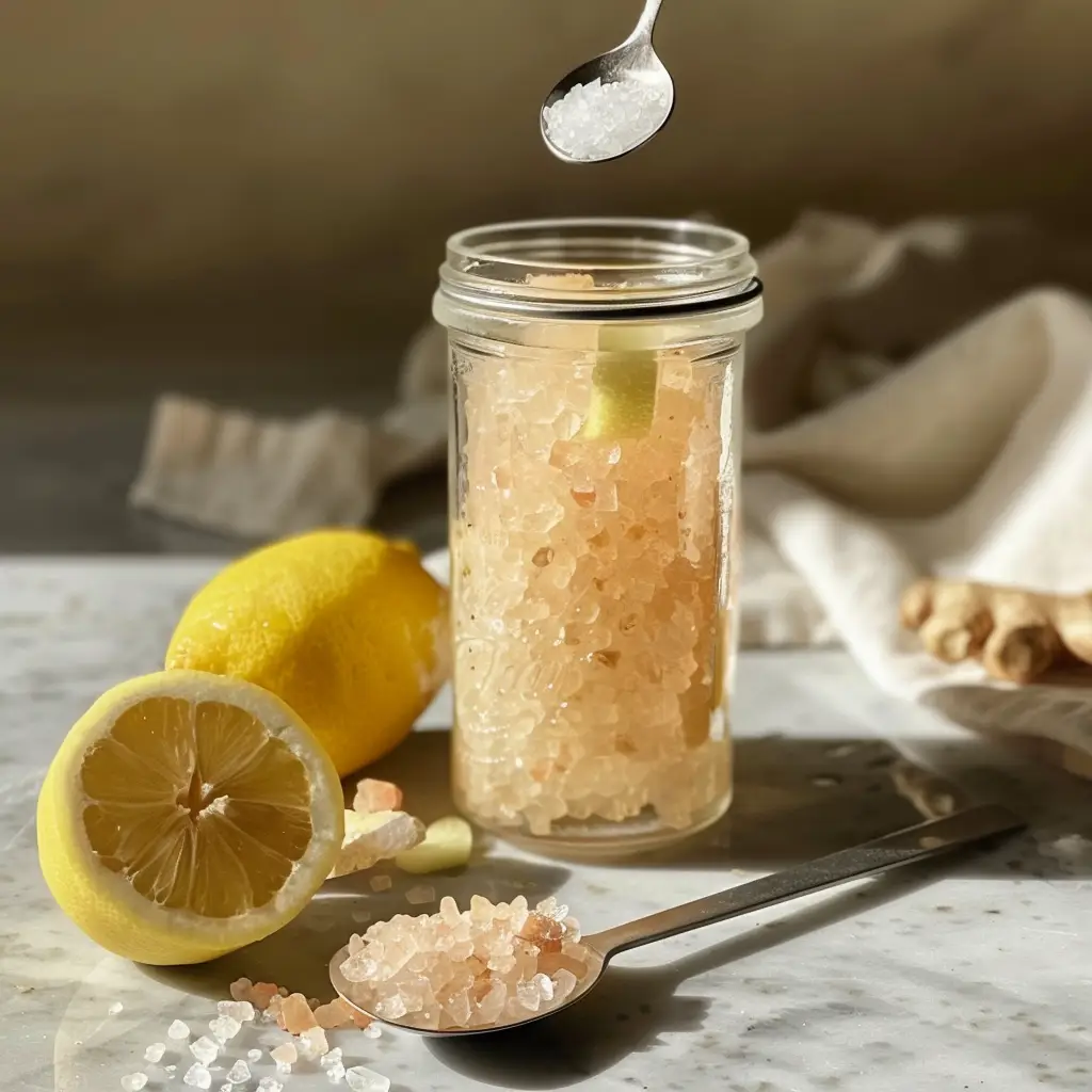 Jar of Himalayan salt sole concentrate with crystals and a measuring spoon