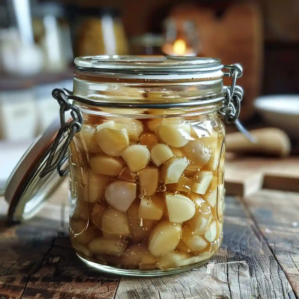 Jar of honey fermented garlic on a rustic table with golden honey and cloves glistening in sunlight