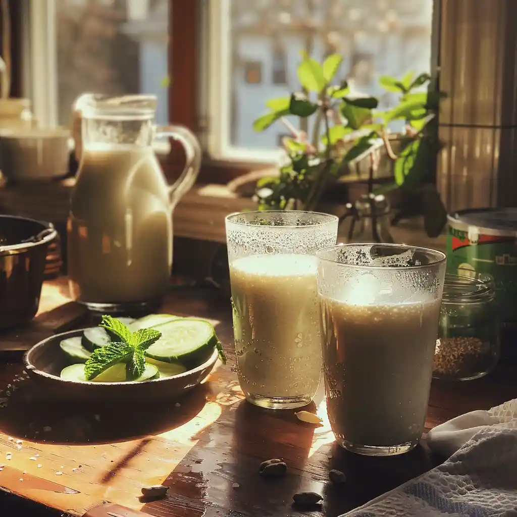 Kefir and salty lassi on a wooden counter with visible kefir grains, yogurt, mint, cucumber, salt, and milk
