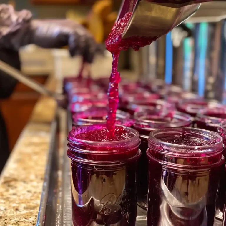 Ladling magenta jelly into sterilized jars during home canning