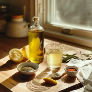 Lemon and olive oil tonic in a small glass with EVOO bottle, halved lemons, and spice bowls on a wooden counter