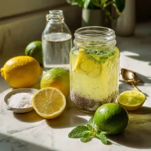 Lemon chia agua fresca in a mason jar with visible chia seeds, lemon and lime, mint, honey, and sea salt on a sunlit counter
