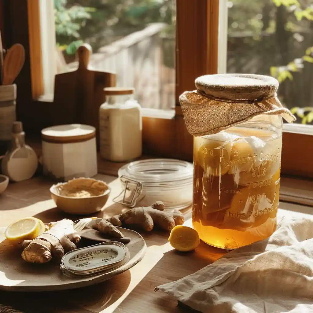 Lifting the SCOBY from the jar onto a clean plate with starter tea nearby