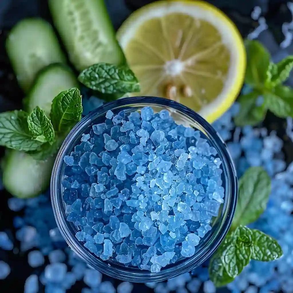 Macro close-up of Persian blue salt crystals with the finished drink softly blurred behind