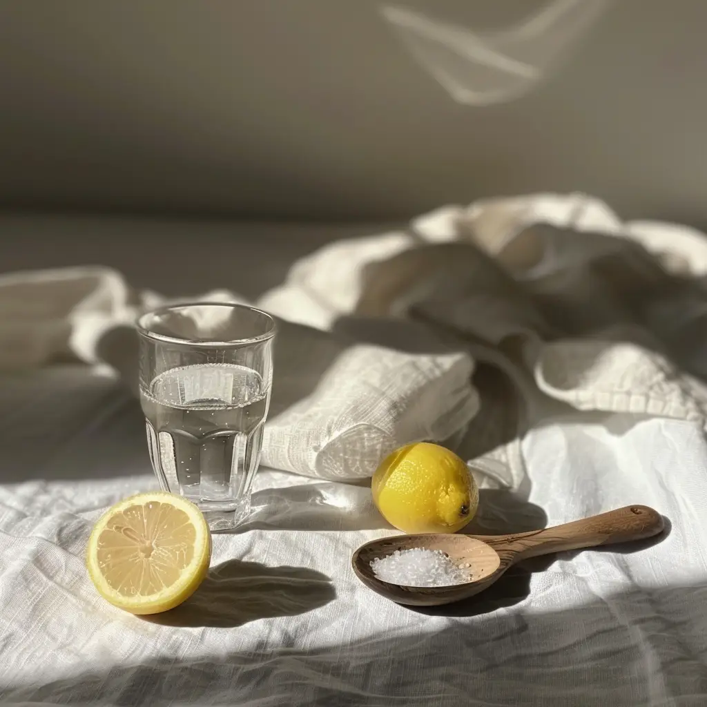 Macro texture of damp gray Celtic salt crystals on clay tile with moisture beads, blurred carafe and lemon behind