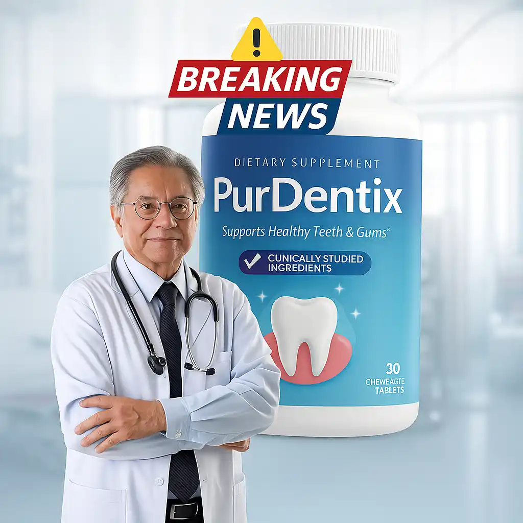 purdentix reviews - Male doctor standing next to a large PurDentix bottle with a “Breaking News” banner