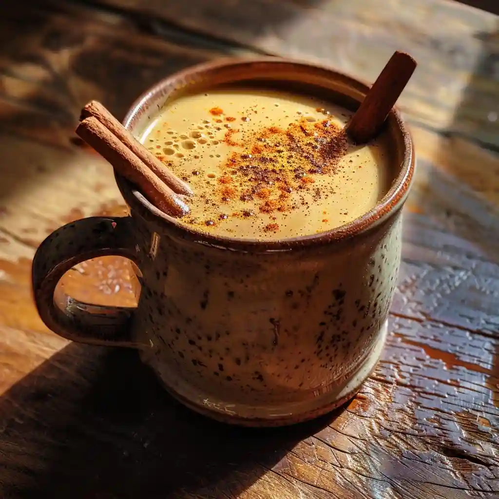 Masculinity coffee in a rustic ceramic mug with cinnamon and turmeric — bold, grounding brew for men’s energy