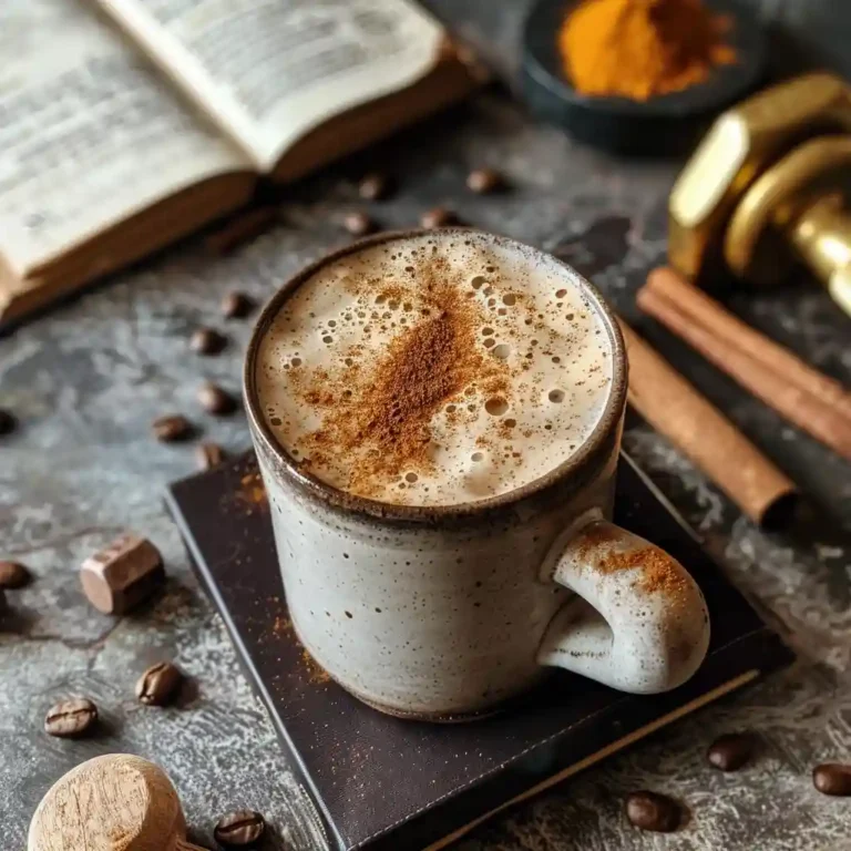 Masculinity coffee served with cinnamon dust beside journal and dumbbell — morning ritual setup