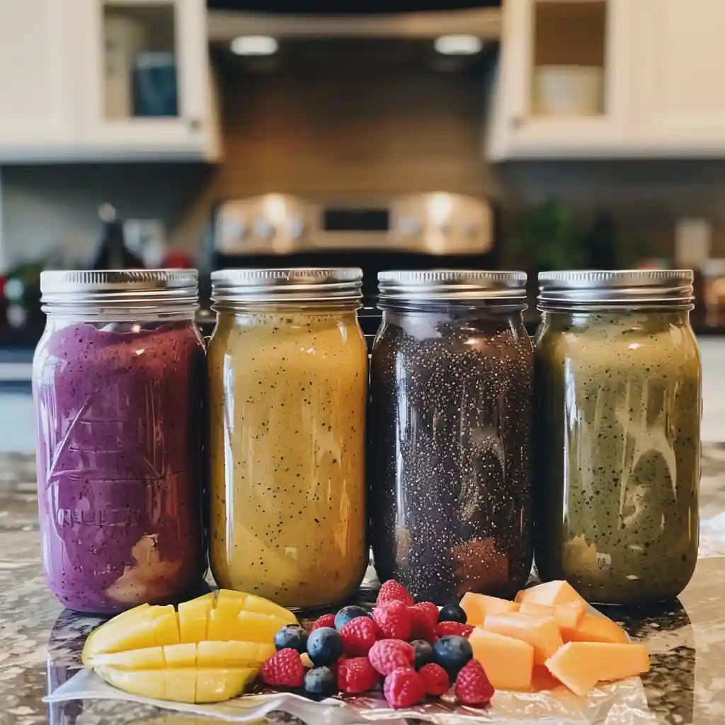 Meal prep mason jars filled with chia smoothies labeled for the week, with frozen fruit prep bags nearby