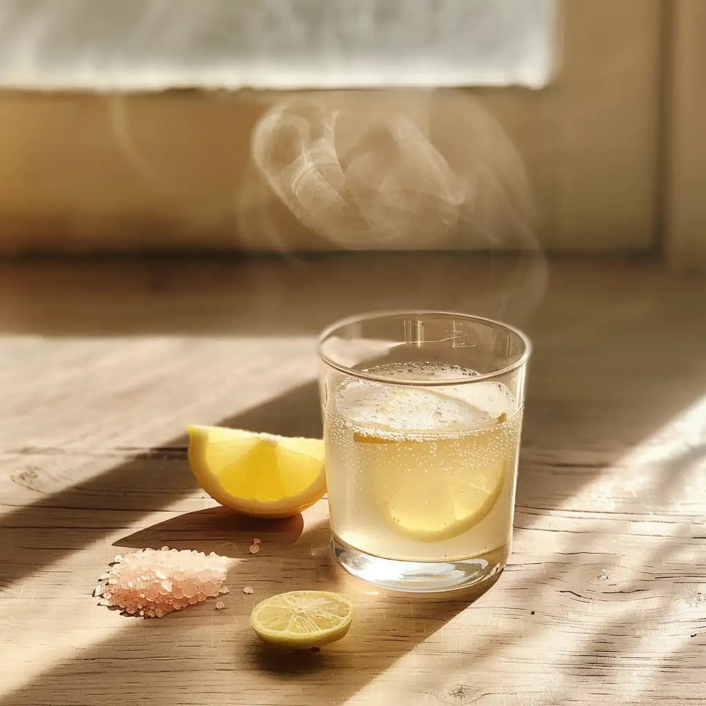 Measuring pink Himalayan salt with a small wooden spoon for a Japanese wellness drink