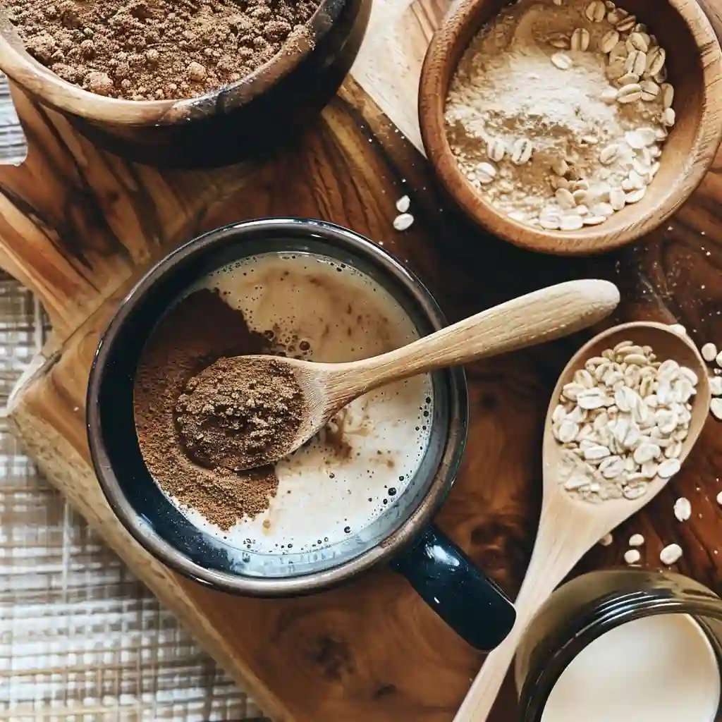 Measuring Ryze mushroom powder into a ceramic mug with wooden spoon