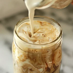 Milk being poured into espresso mixture with cinnamon swirls