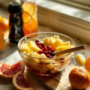 Mixing juice blend with a wooden spoon surrounded by fruit and soda bottles