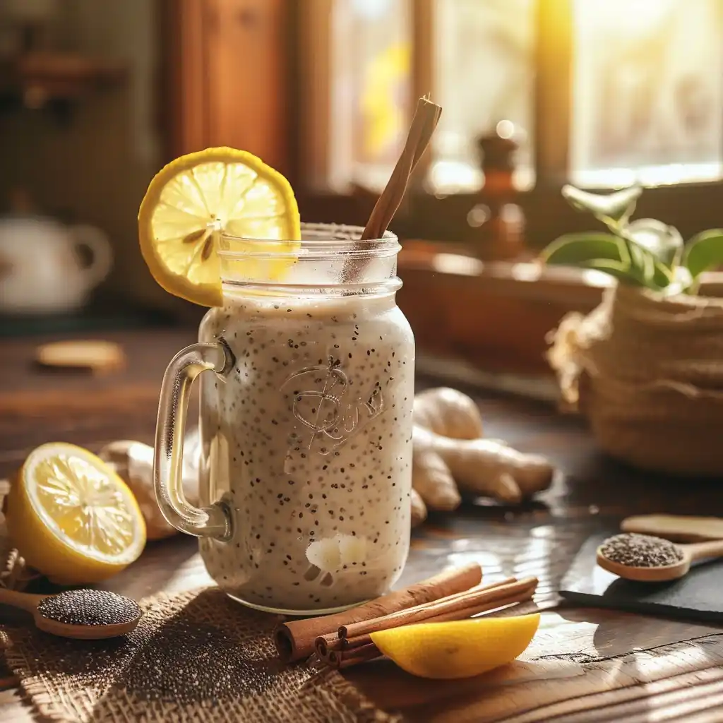 Morning kefir weight loss drink in a mason jar with lemon and chia