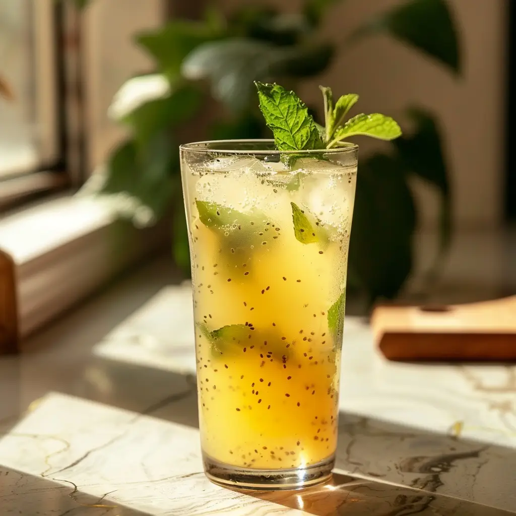 Natural MOUNJAX alternative drink in a glass with mint and lemon