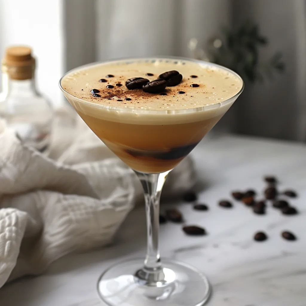 Non alcoholic espresso martini with creamy foam and 3 coffee beans in a chilled martini glass