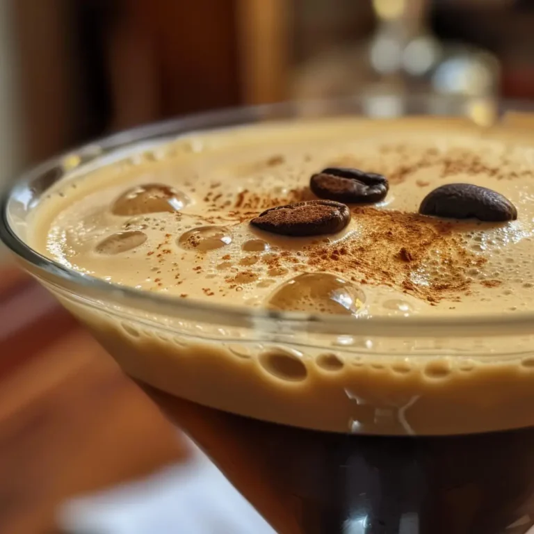 Non alcoholic espresso martini served in a martini glass with cocoa dust and coffee beans, ready to sip