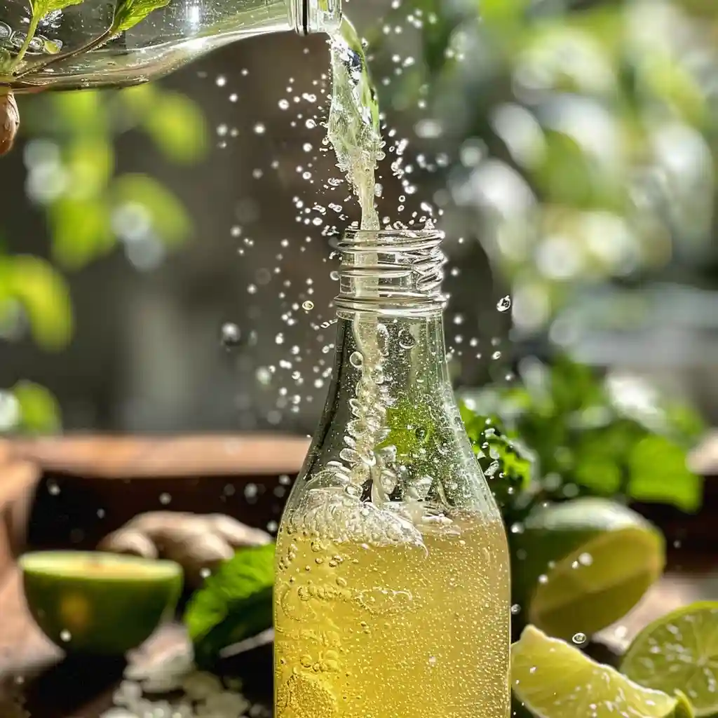 Opening a swing-top bottle of homemade probiotic soda with fizz escaping and tiny bubbles rising