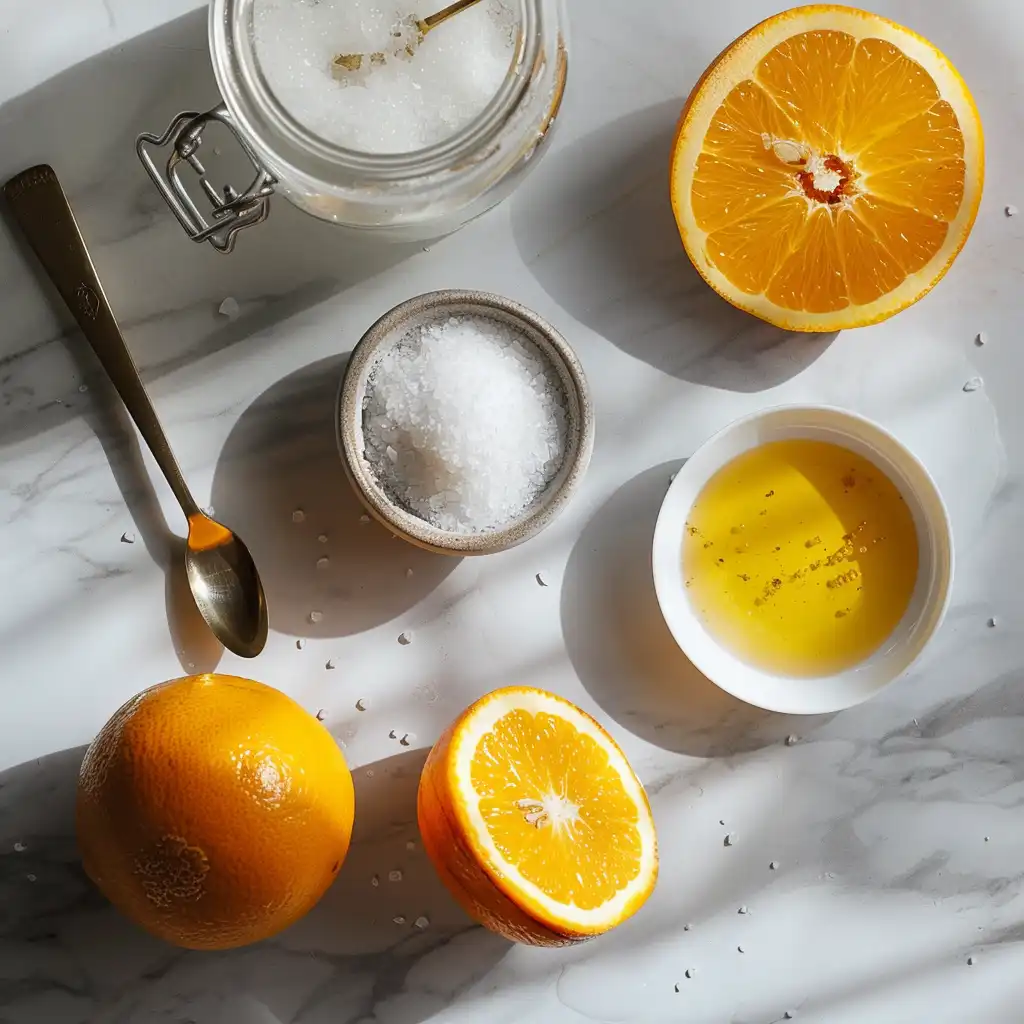 adrenal cocktail recipe_Orange halves, sea salt, and cream of tartar arranged on a kitchen counter