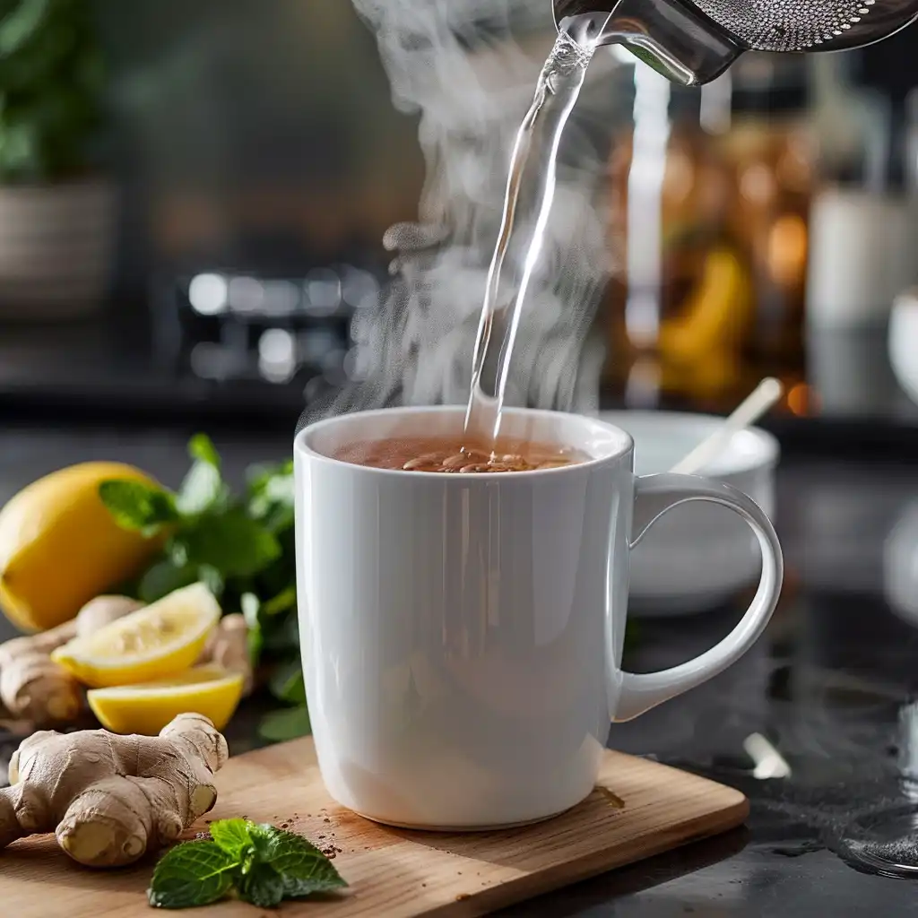 Organic FGO green tea in a ceramic mug with lemon, chamomile, peppermint, and ginger on rustic table