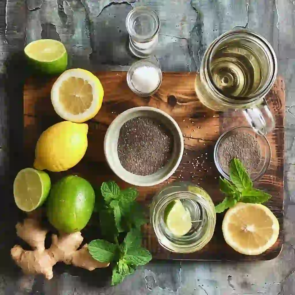 Overhead flat lay of chia drink ingredients: chia seeds, lemon, lime, honey, sea salt, mint, ginger, water, and a mason jar
