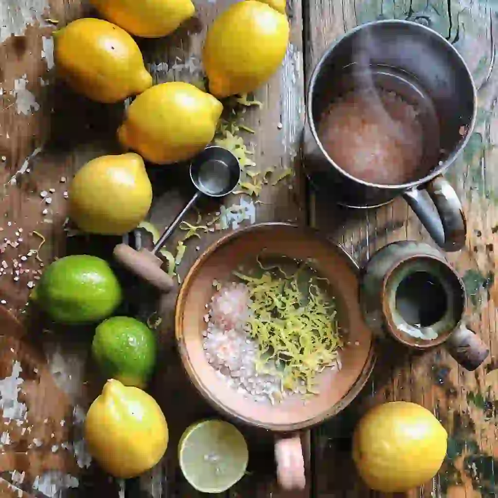 The Pink Salt & Citrus Zest Detox trick_Overhead flat lay of ingredients: Himalayan pink salt, lemons, limes, microplane, measuring spoon, and a mug of warm water