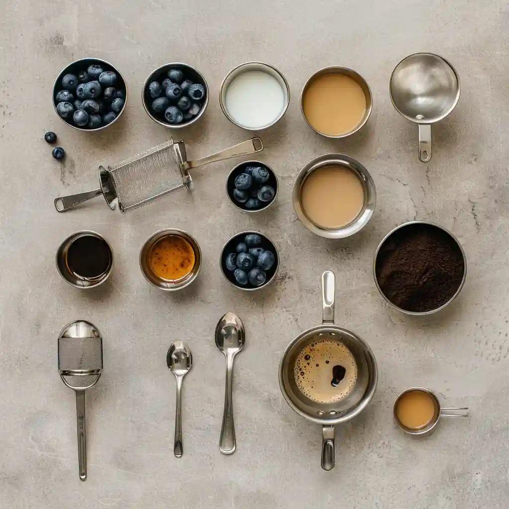 Overhead flat-lay of blueberries, honey or maple syrup, vanilla, water, espresso, and milk arranged with measuring tools