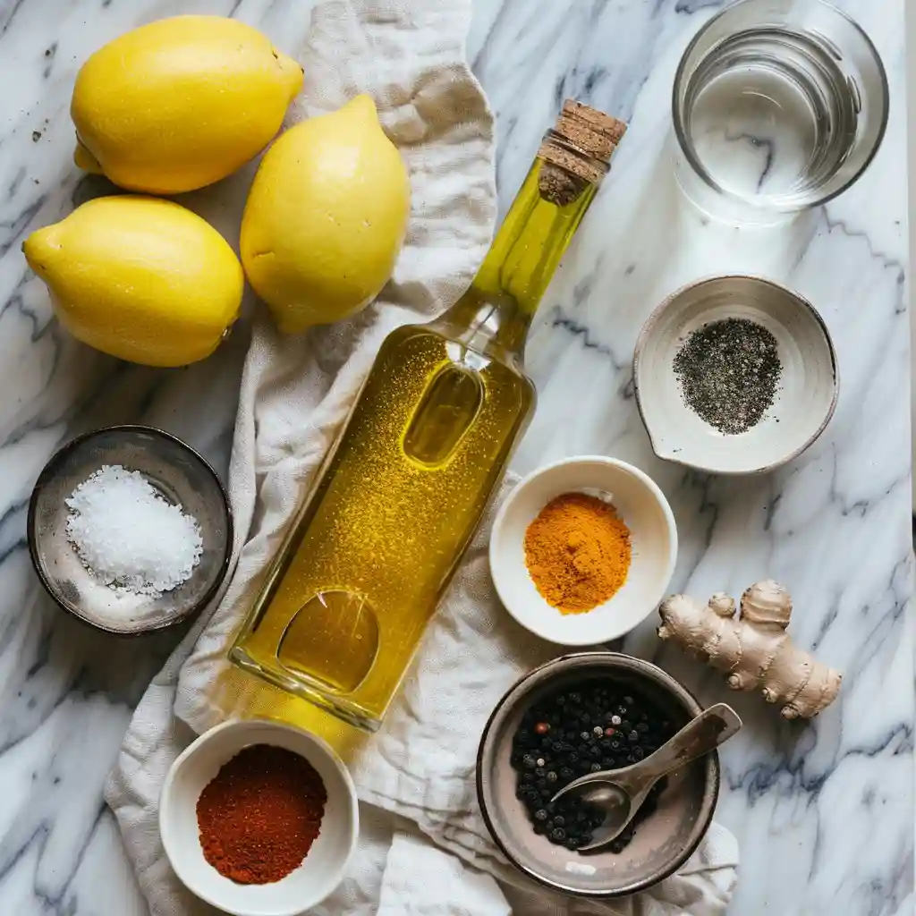 OLIVE OIL TRICK_Overhead flat-lay of EVOO, lemons, sea salt, black pepper, cayenne, ginger, turmeric, and ceramic spoon
