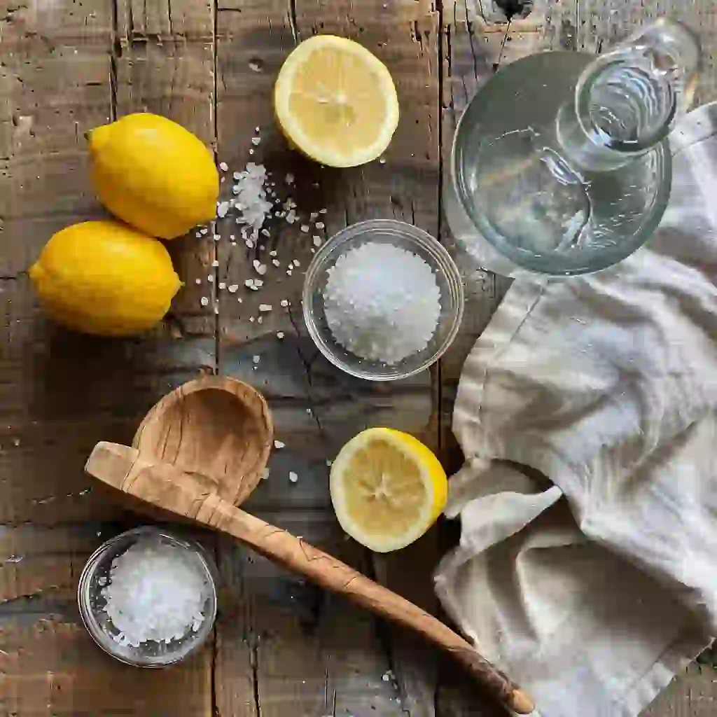 CELTIC SALT TRICK FOR MEN_Overhead flat-lay of ingredients: gray Celtic sea salt, halved lemons, filtered water carafe, wooden spoon, glass
