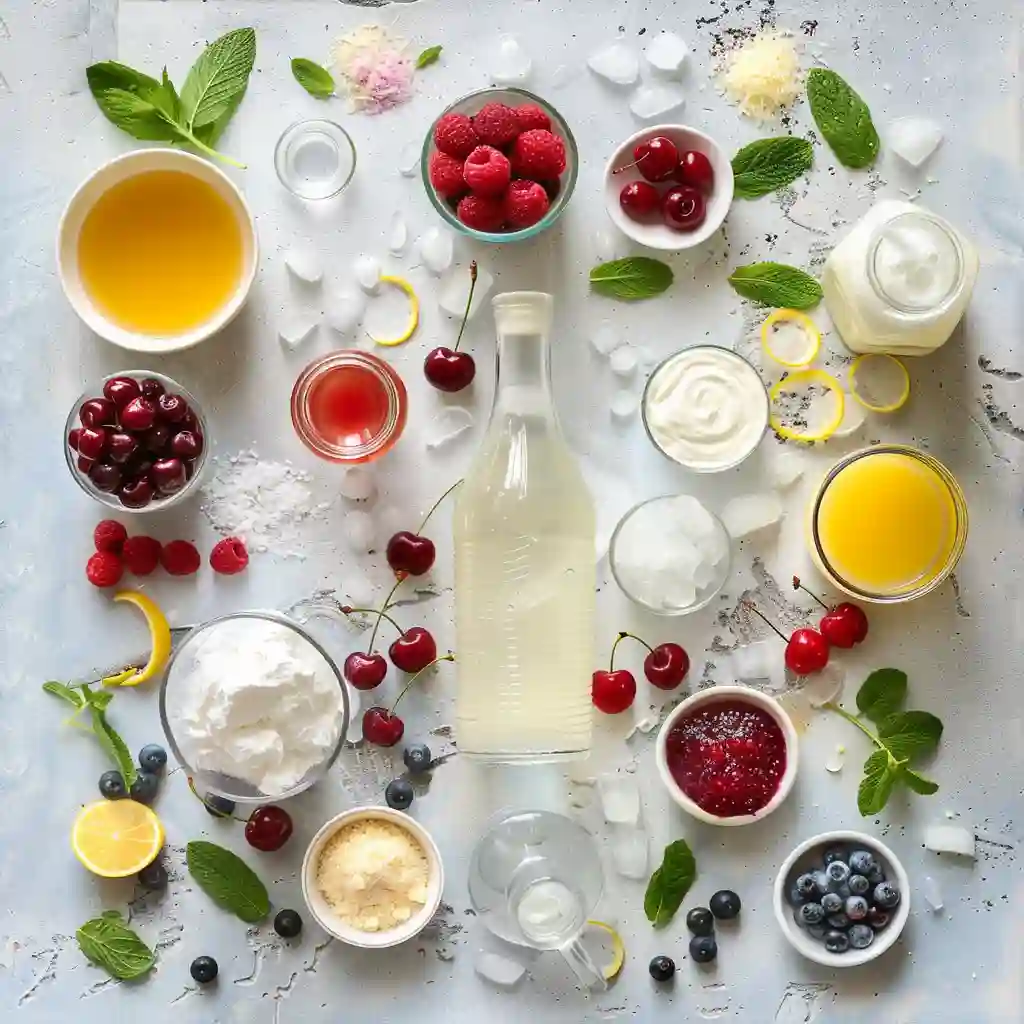 italian soda drink recipe_Overhead flat-lay of Italian soda ingredients—assorted syrups, sparkling water, crushed ice, cream, whipped cream, cherries, citrus, mint