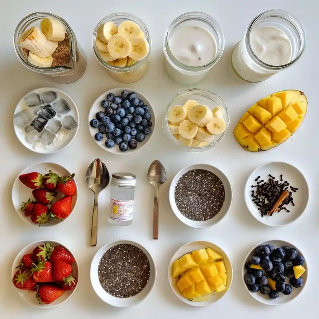 chia seeds in fruit smoothies_Overhead flat lay of ingredients for chia fruit smoothies: chia seeds, banana, strawberries, blueberries, mango, pineapple, almond milk, coconut water, yogurt, cinnamon, vanilla, ice